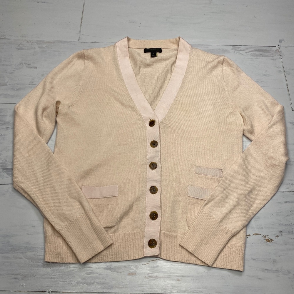 J.Crew Merino Wool Cardigan Womens M Pink Grosgrain Trim V-Neck Button Sweater